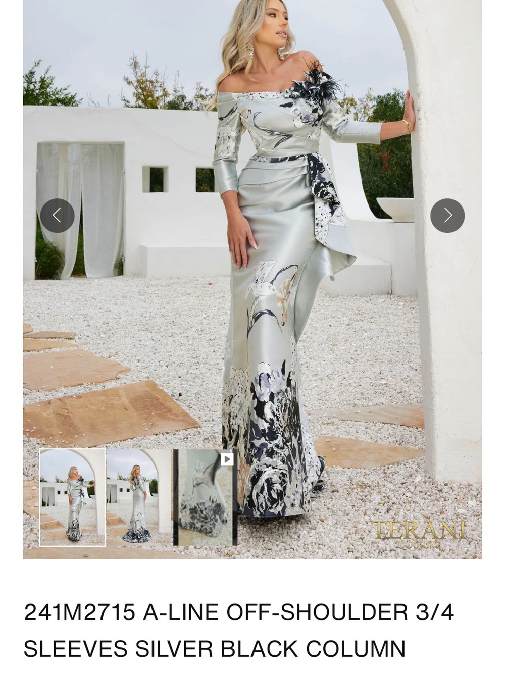 Terani Couture Silver and Black Off-Shoulder A-Line Gown